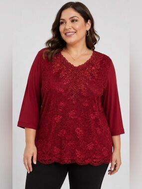 C&C Women’s 4XL Red Lace Rhinestone Embellished 3/4 Sleeve Blouse NWT